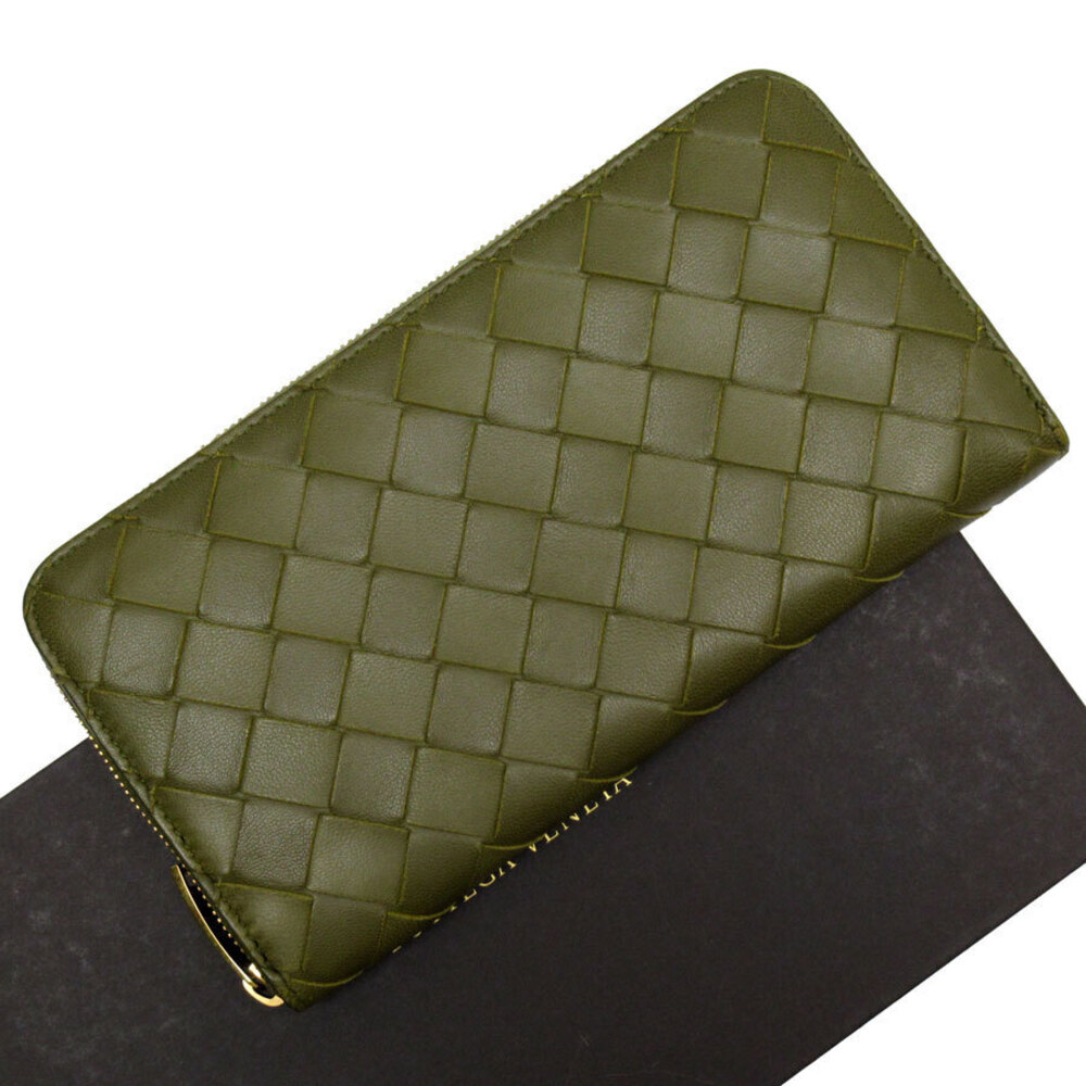 Bottega Veneta round zipper long wallet Intrecciato leather Khaki Green gold